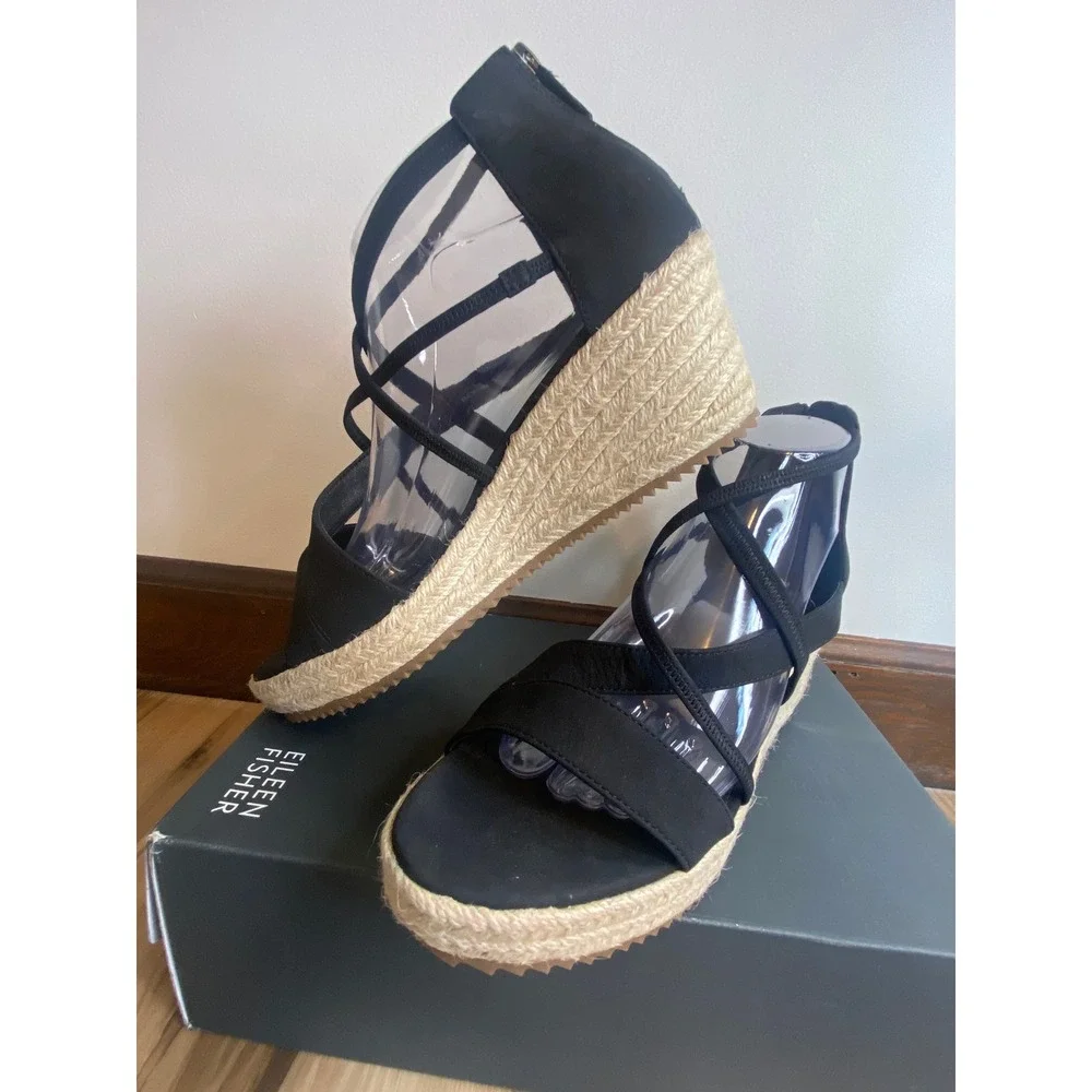 Eileen Fisher Wanda Black Nubuck Espadrille Wedge Sandals Womens 10 WANDA-NB